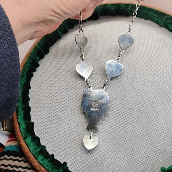 Turquoise Heart Stone Sterling Silver Lariat Necklace Butterfly Flower Southwest - Picture 12 of 12